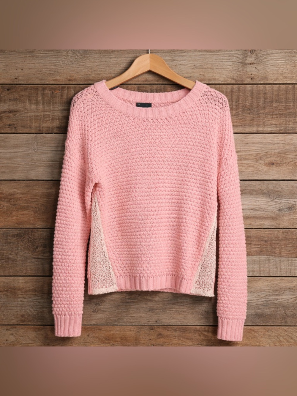 T/O Size Large Pink and White Knit Acrylic Polyester Sweater With Lace Look